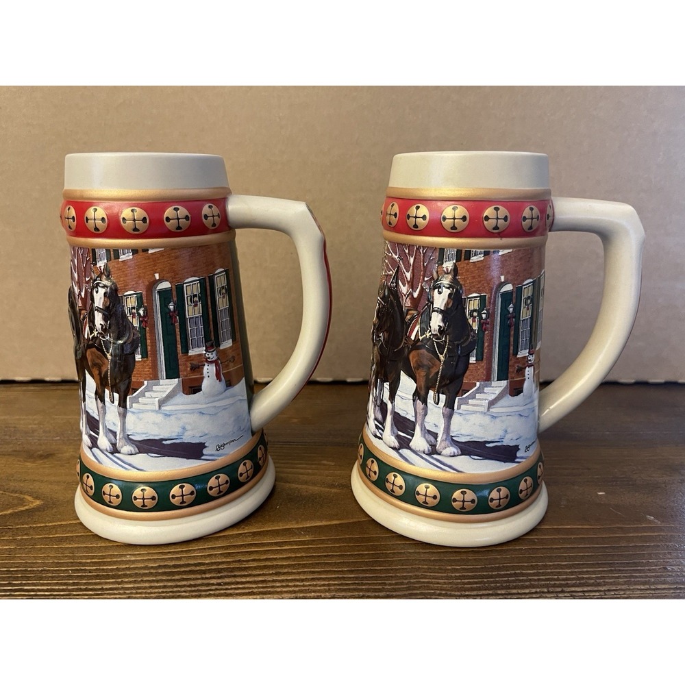 Budweiser Hometown Holiday Clydesdales Beer Steins (1993) Set of‎ 2